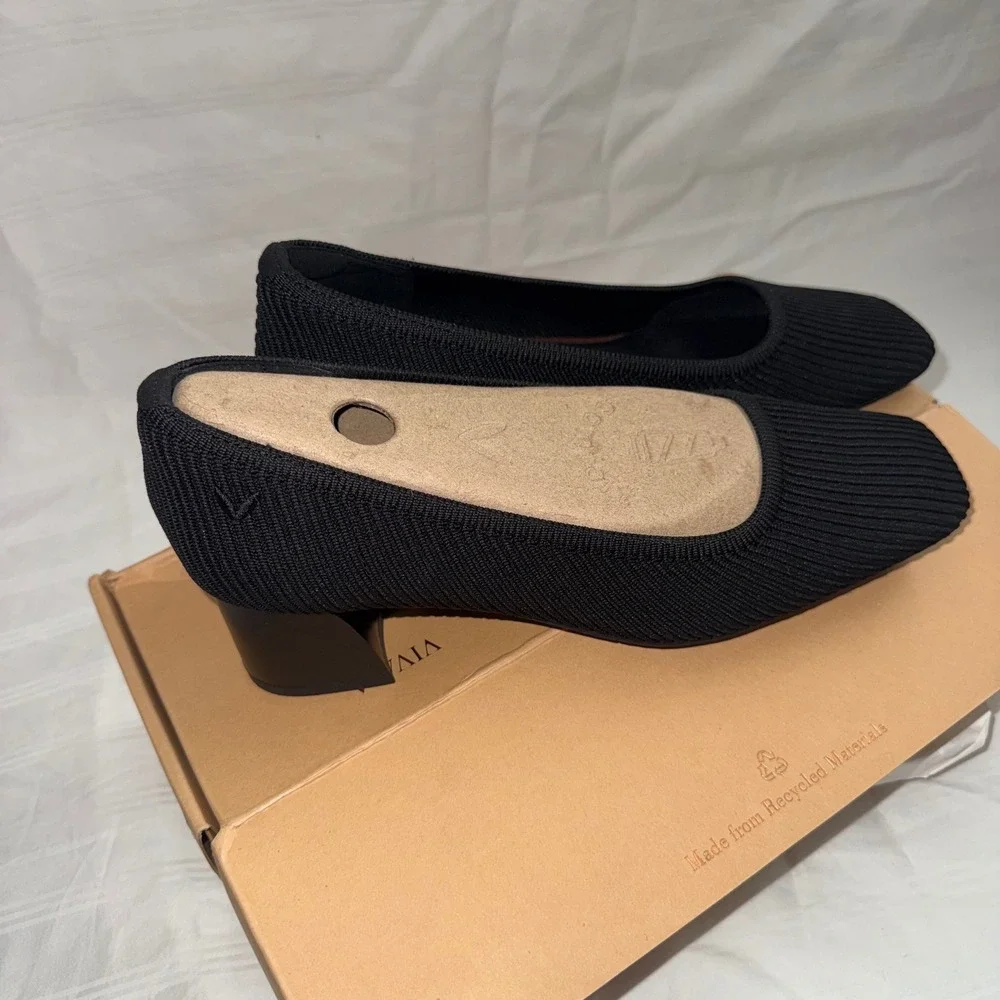 VIVAIA‎ Black Knit Square Toe Block Chunky Heel Pumps Women's Size 7-7.5 EUR38.5